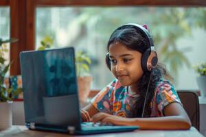 ai generado indio niña estudiante asistiendo en línea clase a hogar. foto