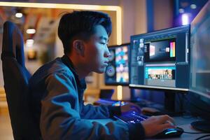 AI generated Side view of casual confident Korean man working on computer with video editing and color correction photo