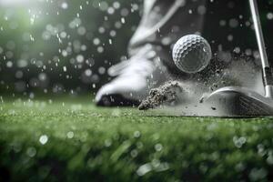 AI generated A man hitting golf ball with dust impact photo