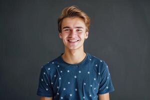 ai generado joven hombre en estrella impresión camisa sonriente en contra oscuro antecedentes. foto