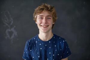 AI generated Young man in star print shirt smiling against dark background. photo