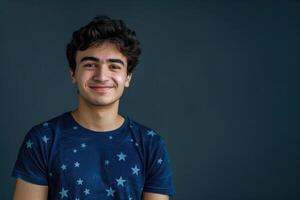 AI generated Young man in star print shirt smiling against dark background. photo