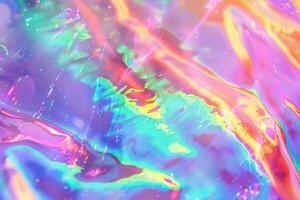 AI generated 80s style holographic background with neon colors and scratches. photo