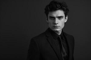 AI generated Black and white portrait of young man in suit. photo