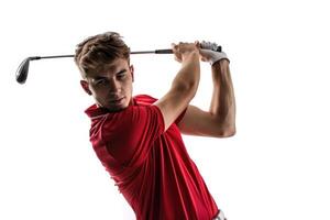 AI generated Golf player in red shirt practicing with emotions on white background. photo