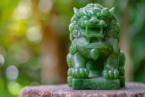 AI generated Chinese Jade Lion Statue on blur background. photo