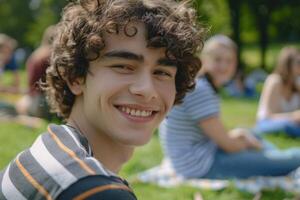 AI generated Young man with curly hair having picnic in park with friends. photo