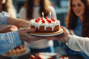 AI generated Colleagues surprise coworker with birthday gifts at office party. photo