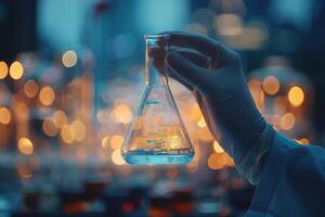 AI generated Conical flask in scientist hand with lab glassware background  Laboratory research concept photo