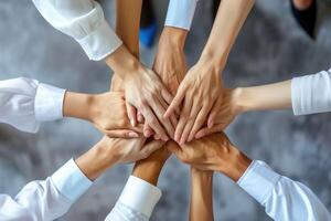 AI generated Diverse group of successful business people showing unity through teamwork. photo