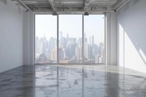 AI generated Empty loft room with white walls  city view and concrete floor 3D Render photo