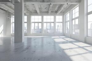 AI generated Empty loft room with white walls  city view and concrete floor 3D Render photo