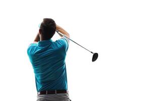 AI generated Golfer in blue shirt swinging on white background. photo