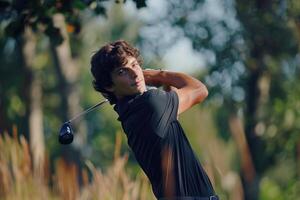 ai generado golf jugador en un negro camisa en un golf curso. foto