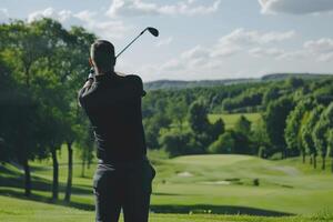 ai generado golf jugador en un negro camisa en un golf curso. foto