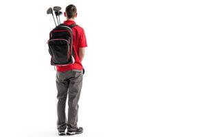 AI generated Golfer in red shirt with clubs on white background. photo