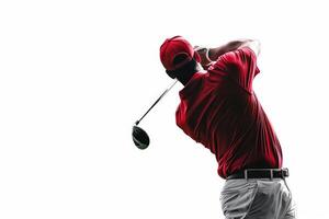 AI generated Red shirted golfer swings on white background. photo