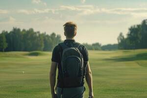 AI generated Golf Player in a black shirt walking with a bag of golf clubs on his back  on a golf course. photo