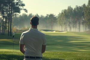 ai generado golf jugador en un blanco camisa en pie en un golf curso. foto