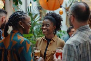 AI generated Diverse group meets at casual event  young woman shakes hands. photo