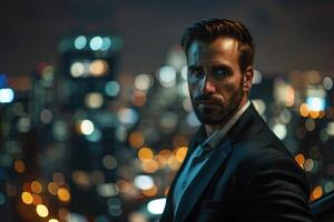 AI generated Handsome man over night city background photo