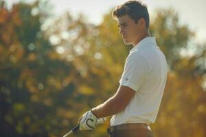 AI generated Young golfer in white shirt and black pants prepares to swing. photo