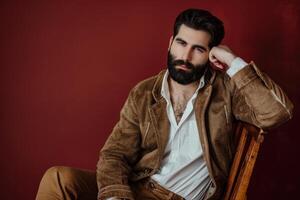 ai generado elegante hombre en blanco camisa y marrón chaqueta en estudio. foto