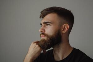 ai generado hermoso joven barbado hombre es acuerdo mano en barba y mirando lejos en un gris antecedentes foto