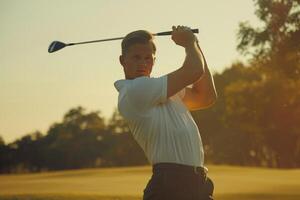 AI generated Young golfer in white shirt stretching with club. photo