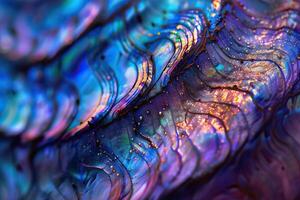 AI generated High magnification macro of blue abalone pearl shell with vivid iridescent layers. photo