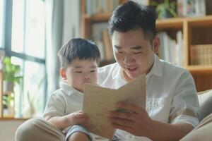 AI generated Young boy gives DIY Fathers Day card to dad. photo