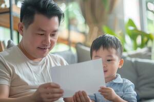 AI generated Young boy gives DIY Fathers Day card to dad. photo