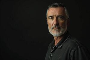 AI generated Middle aged man posing against black background with copy space. photo