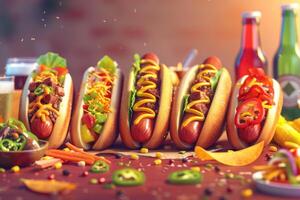 AI generated National Hot Dogs Day festival featuring various traditional types. photo