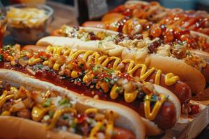 AI generated National Hot Dogs Day festival featuring various traditional types. photo