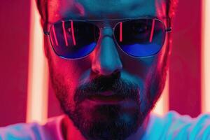 AI generated Close up portrait of serious man model in neon light studio photo