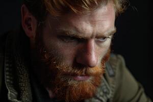 AI generated Pensive red bearded man studio portrait on dark background photo