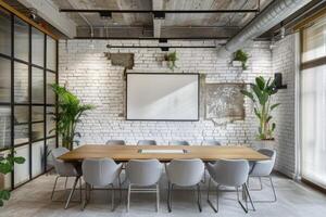 AI generated Loft style office with white brick walls and meeting zone. photo