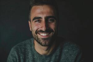 AI generated Portrait of handsome  smiling man against dark background. photo