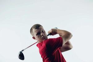 AI generated Golf player in red shirt practicing with emotions on white background. photo