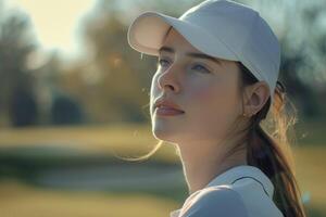 AI generated Pretty young lady golfer looking into the distance photo