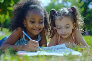 AI generated Two girls of different races draw outside in park. photo