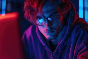 AI generated Young student using laptop in neon light  showcasing modern lifestyle. photo