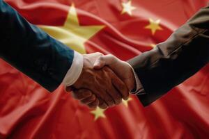 ai generado empresarios apretón de manos después bueno acuerdo en frente de China bandera foto