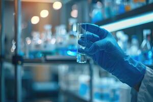 AI generated hand of scientist with test tube and flask in medical chemistry lab blue banner background photo