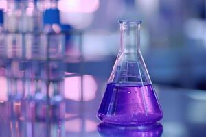 AI generated purple glass flask in blue research chemistry science banner laboratory background photo