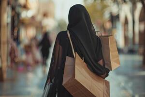 AI generated Young Arab woman shopping  carrying bags  wearing abaya and hijab. photo