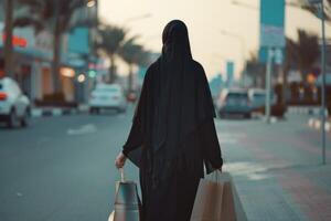 ai generado joven árabe mujer compras que lleva pantalones vistiendo abaya y hiyab foto