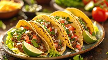 AI generated A plate of delicious tacos with lime  tomato  lettuce  and cheese. photo