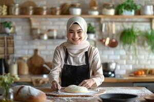 ai generado musulmán mujer en hijab disfruta horneando en cocina. foto